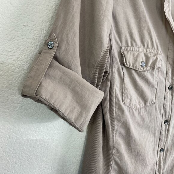 James Perse 4 Womens XL Button Up Side Panel Shirt 100% Pima Cotton Tan Blouse - Picture 8 of 9